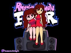 2girls accurate_art_style alternate_costume animated bare_legs bouncing_breasts breast_size_difference breasts casual crossed_legs crossover dress female female_only friday_night_funkin girl_(rhythm_heaven_fever) girlfriend_(friday_night_funkin) implied_yuri large_breasts loop looping looping_animation minus8 mob_face multiple_girls music nintendo red_dress rhythm_heaven rhythm_heaven_fever shorter_than_30_seconds sitting size_difference skin_tone_difference smash sound synced_to_music thighs video wiimote