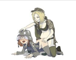 2girls ahe_gao all_fours azov_chan blonde_hair buhanochka-tan dildo doggy_style doggystyle femdom flustered full_body helmet kneeling marichka military_hat military_helmet military_uniform mostly_clothed multiple_girls national_personification orange_hair personification russo-ukrainian_war simple_background soldier strap-on thighhighs tongue tongue_out ukrainian ukrainian_girl uniform visor_helmet yuri