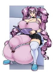 1futa ball_bra balls book breasts cleavage clothed clothing cock_sleeve_(clothes) ecchipandaa flaccid fully_clothed futa_only futanari gigantic_breasts human hyper hyper_balls hyper_penis light-skinned_futanari light_skin long_hair penis purple_eyes purple_hair sitting skirt solo thighhighs twintails