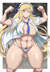 1girls abs areolae blonde_female blonde_hair blue_necktie blue_ribbon curvy female female_only female_pubic_hair hair_ribbon highres katsuragi_(senran_kagura) large_areolae long_hair necktie open_clothes open_shirt oryuto panties plump pubic_hair ribbon senran_kagura shirt solo striped striped_panties thick_thighs thighs unbuttoned underwear white_shirt wide_hips