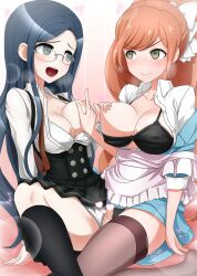 2girls alternate_version_available blouse breasts danganronpa danganronpa_3 danganronpa_v3 exposed_breasts female_only groping groping_breasts lingerie multiple_girls nipples shirogane_tsumugi shirt stockings straight_hair urokozuki yukizome_chisa yuri