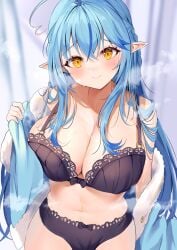 1girls 2022 absurdres ahoge bangs black_bra black_panties blue_hair blush bra breasts cleavage closed_mouth elf female female_focus female_only fur-trimmed_jacket fur_trim hair_between_eyes highres hololive hololive_gen_5 hololive_japan huge_breasts jacket long_hair looking_at_viewer mugicho_(kdks5554) multicolored_hair navel off_shoulder open_clothes open_jacket panties pointy_ears smile solo solo_female steaming_body stomach streaked_hair sweat underwear very_long_hair virtual_youtuber yellow_eyes yukihana_lamy