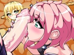 2girls big_penis blowjob collar color colored crimson_keep female green_eyes heart-shaped_pupils human introspurt looking_at_another luna_(crimson_keep) penis_licking pink_hair shiol_(crimson_keep) soriel_(crimson_keep) sulfur_imp tagme