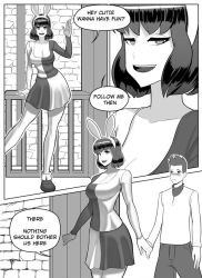 1boy 1girls assertive assertive_female black_hair bob_cut breasts cleavage comic dress flirting height_difference implied_futanari jahafl large_breasts male medium_hair monochrome nervous_face open_smile tagme text