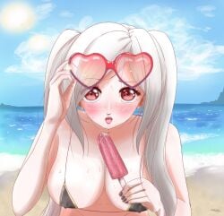 1girls alternate_costume beach bikini black_bikini black_swimsuit blush cleavage erect_nipples fire_emblem fire_emblem_awakening food food_play heart-shaped_eyewear heart-shaped_sunglasses large_breasts looking_at_viewer micro_bikini minimidimici nintendo nipple_bulge ocean outdoors outside popsicle pov robin_(fire_emblem) robin_(fire_emblem)_(female) saliva saliva_string sand solo sunglasses sunglasses_on_head sweat sweatdrop sweating sweaty swimsuit twintails upper_body