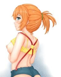 1girls ass awashima_hiruko back blush breasts clothing eye_contact female female_only highres kasumi_(pokemon) legs_together looking_at_viewer looking_back nintendo nipples orange_hair pokemon pokemon_(game) pokemon_rgby posterior_cleavage short_hair shorts sideboob smile solo suspenders topless