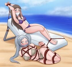 2girls abs arms_behind_back barefoot beach beach_chair bikini bondage feet female female_only femsub fire_emblem fire_emblem_awakening gag gagmanzx grey_bikini grey_swimsuit large_breasts multiple_girls multiple_subs muscular muscular_female nintendo ocean outdoors purple_bikini purple_swimsuit restrained robin_(fire_emblem) robin_(fire_emblem)_(female) rope sand sumia_(fire_emblem) swimsuit thick_thighs toned toned_female twintails