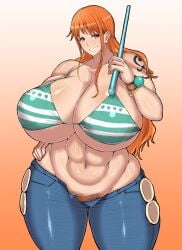 1girls 2020s 2022 2d 2d_(artwork) abs absurd_res absurd_resolution absurdres bikini bikini_top blue_jeans bra busty cleavage curvaceous curvy earrings female female_focus female_only female_pubic_hair jeans long_hair long_orange_hair looking_at_viewer looking_back musclegut nami one_piece orange_eyes orange_hair over_1080p ponkotsuu pubes_exposed pubic_hair pubic_hair_peek shounen_jump smile smiling_at_viewer solo solo_female solo_focus striped_bikini tattoo thick_thighs venus_body voluptuous wide_hips