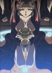 00s bible_black breasts brown_hair cup female hair_ribbon holding holding_cup kneeling large_breasts lips long_hair magic_circle nipples open_clothes ribbon robe screencap serious shin_bible_black shiny shiny_hair shiny_skin solo third-party_edit toudou_yuki twintails upper_body very_long_hair