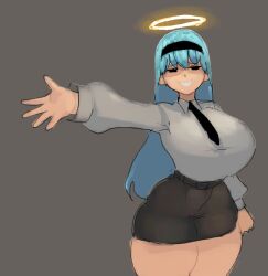 1girls angel big_breasts blank_background blue_hair extended_arm huge_breasts lewdicrousart long_hair looking_at_viewer loose_sleeves mob_face sarah_(lewdicrousart) shirt short_skirt simple_background simple_nose skirt smile smiling_at_viewer solo thick_thighs tie tight_clothing