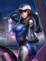 1girls ass ass_focus big_ass big_breasts blizzard_entertainment cap d.va female female_only jacket liang_xing light-skinned_female overwatch shooting_star_d.va side_view tight_clothing zero_suit