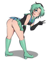 barrette bent_forward boots cute fionapollo green_hair lolo_mp3 looking_back mint_(fionapollo) no_panties peace_sign pussy sailor_uniform tongue_out v vagina youtube youtuber youtuber_girl