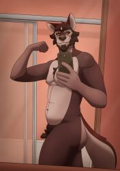 anthro ass bathroom body_hair canid canine canis chest_tuft facial_hair flexing hi_res looking_at_viewer male mammal moobs olive_(olivepup_00) olivepup_00 pose pubes selfie slightly_chubby smile solo thick_thighs tuft wolf