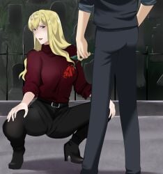 1girls amber_jin blonde_hair blue_eyes breasts cock cowboy_bebop cum cum_on_face cum_shot erect_penis erection facial female fully_clothed human julia_(cowboy_bebop) large_breasts light-skinned_female light_skin long_hair penis rose spike_spiegel suit