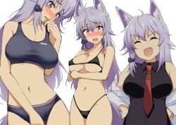 ahoge animal_ears bikini black_bikini black_shirt blush eyebrows_visible_through_hair female fila hair_ornament kaijin_kaihatsu-bu_no_kuroitsu-san kaijin_kaihatsubu_no_kuroitsu-san labcoat micro_bikini mocchisake navel necktie oerba_yun_fang open_mouth red_eyes red_necktie shirt silver_hair skin_fang sleeveless sleeveless_shirt sports_bikini swimsuit wolf_bete wolf_ears wolf_girl