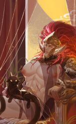 1boy 2022 armor bara bara_tits bare_chest bare_midriff big_pecs deity demigod elden_ring fromsoftware gold_(metal) helmet horned_helmet light-skinned_male long_hair_male looking_at_viewer male male_only muscular muscular_male nude_male partially_clothed pecs reclining red_hair scars sitting solo starscourge_radahn stomach_tattoo stupid_tiaotiao yellow_eyes