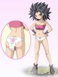 1girls ass black_hair caulifla dragon_ball dragon_ball_super dragon_ball_z female hand_on_hip intentional_soiling panties peeing peeing_self saiyan scat soiling solo_female tyao urination wetting