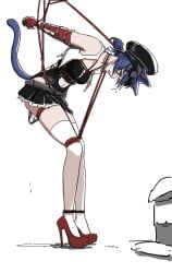 1girls 2d 2d_(artwork) animal_ears arknights bare_shoulders black_eyes black_headwear black_leotard black_panties black_skirt blue_hair bondage bound bound_arms bound_legs breasts cat_ears cat_girl cat_tail clothing_cutout crying crying_with_eyes_open dildo_under_clothes female female_only full_body goggles goggles_on_head heels heels_fetish high_heel_fetish high_heels leaning_forward leotard looking_down miniskirt navel navel_cutout object_insertion open_mouth panties platform_heels pleated_skirt pussy_juice pussy_juice_puddle red_footwear rockrock_(arknights) rope short_hair short_ponytail simple_background skirt small_breasts solo standing stockings tail tears thighhighs underwear vaginal_object_insertion vaginal_penetration white_background white_legwear