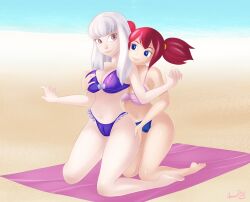 2girls alternate_costume beach bikini blue_eyes blue_swimsuit breast_grab chelia_blendy cleavage crossover embarrassed fairy_tail female female_only fire_emblem fire_emblem:_three_houses frilled_bikini glamourpink groping hand_on_ass humiliation imminent_death killer_lotion long_hair looking_at_viewer lysithea_von_ordelia massage multiple_girls nintendo peril pink_eyes purple_bikini purple_swimsuit red_hair rubbing short_hair sitting snuff summer sunbathing swimsuit towel twintails white_hair yuri