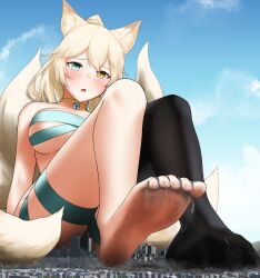 anime_style barefoot bikini black_socks blonde_hair breasts city cityscape copyright_request crush day destruction feet giantess macrophilia open_mouth orange_eyes pixiv rakia_(ds00309) socks thighs train turquoise_eyes white_skin yellow_eyes