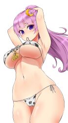 animal_print arms_up bangs bikini blunt_bangs breasts cameltoe cow_print crescent crescent_hair_ornament female front-tie_bikini front-tie_top hair_ornament highres large_breasts long_hair looking_at_viewer mouth_hold patchouli_knowledge ponytail purple_eyes purple_hair shiron_(e1na1e2lu2ne3ru3) side-tie_bikini simple_background solo standing stomach string_bikini swimsuit touhou transparent_background underboob white_bikini