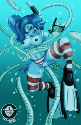 1girls asphyxiation bikini_bottom blue_hair bondage drowning flippers legwear leviathan_(skullgirls) nipples ocean panties panties_aside scuba sex skullgirls snorkel squigly stockings striped_legwear tentacles thearashi topless underwater underwater_sex vaginal_penetration water