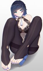 blue_hair blue_nail_polish blue_nails blue_toenails blush cleavage feet feet_focus foot_fetish foot_focus genshin_impact looking_at_viewer smile stirrup_legwear summer_(artist) toe_ring toe_ring_legwear toes wd_(1106592840) yelan_(genshin_impact)