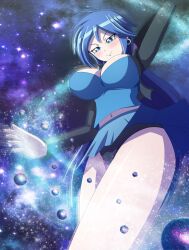 anime_style black_shirt black_underwear blue_eyes blue_hair blue_shirt blue_skirt earrings giantess macrophilia panchira panties pixiv planet planet_sized planets space underwear