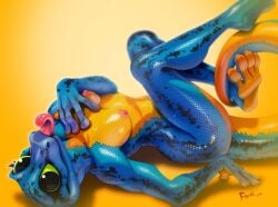 anthro black_spots blue_body breasts female fivel gecko green_eyes hand_on_chest lizard long_tail looking_at_viewer lying nipples nude reptile scales scalie simple_background small_breasts smile solo spots tongue tongue_out yellow_body