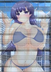 anime_style bikini blue_bikini blue_eyes blue_hair blush breasts_against_glass breasts_against_wall breasts_against_window city destruction giantess hands macrophilia pixiv skyscraper window