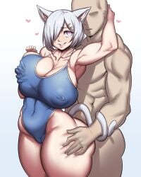 1boy animal_ears ass blue_eyes breast_grab breasts cameltoe cat_girl cat_tail cowboy_shot curvy erect_nipples erect_nipples_under_clothes faceless faceless_male female floating_heart from_behind grey_hair groping hair_ornament hamakaze_(kantai_collection) hand_on_ass heart heart-shaped_pupils highres huge_ass huge_breasts kantai_collection leotard long_hair looking_back male muscle natedecock nekomimi nipples one-piece_swimsuit parted_lips short_hair silver_hair simple_background smile swimsuit symbol-shaped_pupils tail thick_thighs thighs white_hair wide_hips