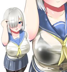 black_bra black_legwear blue_eyes blue_sailor_collar bra bra_visible_through_clothes breasts breath cowboy_shot female gloves grey_skirt hair_ornament hair_over_one_eye hairclip hamakaze_(kantai_collection) hauto-san highres kantai_collection large_breasts neckerchief pantyhose pleated_skirt sailor_collar school_uniform see-through serafuku short_hair short_sleeves silver_hair skirt solo underwear white_gloves yellow_neckerchief zoom_layer