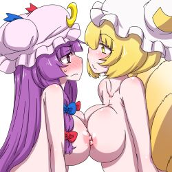 2girls asymmetrical_docking big_breasts blonde_hair blush breasts female fox_girl fox_tail hanya_(hanya_yashiki) kemonomimi kitsune long_hair looking_at_another medium_hair mob_cap multiple_girls patchouli_knowledge purple_hair ran_yakumo tagme touhou youkai yuri