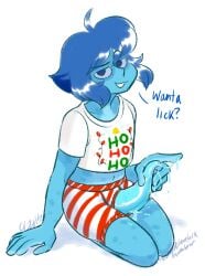 1futa blue_hair blue_skin boxer_briefs boxers_(clothing) cartoonyafterdark christmas_outfit eyebrow_raise futanari inviting lapis_lazuli_(steven_universe) male_underwear penis_through_fly penis_through_underwear precum precum_drip precum_string raised_eyebrow solo steven_universe t-shirt tentacle_penis