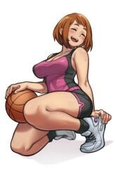 1girls 2022 basketball basketball_uniform blush breasts brown_hair cleavage closed_eyes clothed clothed_female dolphin_shorts female female_only hips kneeling large_breasts lentiyay my_hero_academia ochako_uraraka pink_clothing shoes short_hair short_shorts shorts simple_background slim_waist smile solo sportswear sweat sweaty_body tank_top thick_thighs thighs wide_hips