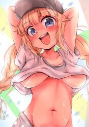 1girls arms_behind_head belly_button blonde_hair blue_eyes braided_hair braided_twintails breasts clothing female_focus female_only from_below paripi_koumei shirt shirt_up smile smiling smiling_at_viewer sweat sweatdrop sweating tsukimi_eiko underboob white_pants white_shirt