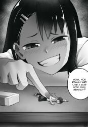 anime_style black_and_white black_eyes black_hair blush comic female finger giantess greyscale hayase_nagatoro laughing macrophilia male naoto_hachioji_(senpai) open_mouth pixiv please_don't_bully_me,_nagatoro school shrinking speech_bubble table tapping teeth thunderafterdark white_shirt