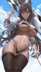 1girls 2022 animal_ears atago_(azur_lane) atago_(stunning_speedster)_(azur_lane) azur_lane bikini black_bikini blush breasts brown_eyes brown_hair checkered_flag female female_only flag hi_res hips holding_object huge_breasts looking_at_viewer outdoors race_queen silvertsuki slim_waist smile thick_thighs thigh_gap thighhighs thighs underboob wide_hips