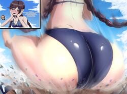 anime_style ass big_butt bikini blue_bikini blue_bikini_bottom blue_bikini_top blue_swimsuit blue_underwear blush blush_lines blushing braided_hair braided_ponytail braided_twintails breasts brown_eyes brown_hair butt city comic crush crushing danganronpa danganronpa:_trigger_happy_havoc danganronpa_1 danganronpa_s:_ultimate_summer_camp destruction english english_text fukawa_touko giantess gigantic_ass glasses macro macrophilia pixiv purple_hair smooth_skin swimsuit togami_byakuya