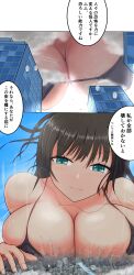 anime_style bikini black_bikini black_hair blue_eyes breasts city crush destruction giantess iori_komatsu macrophilia pixiv