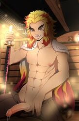 1boy abs blonde_hair cape demon_slayer erection katana kimetsu_no_yaiba long_hair_male looking_at_viewer male male_only open_pants ototobo penis precum precum_drip rengoku_kyoujurou smile solo sweat sword thick_eyebrows toned toned_male topless topless_male two_tone_hair uncensored