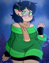 blush dark_hair festive fingerless_gloves green_sweater kinggargantuas night pointy_ears round_glasses scarf sfw short_hair smooth_skin the_owl_house thick_thighs wholesome wide_hips willow_park