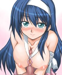 1boy between_breasts blue_hair blush breast_press breasts censored clothing female green_eyes hairband inverted_nipples large_breasts long_hair male nanamo nipples paizuri penis pov shishidou_takane solo_focus sora_wo_kakeru_shoujo straight titfuck