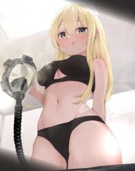 1girls black_bra black_panties blonde_hair blue_eyes blush bra gas_mask looking_at_viewer looking_down looking_down_at_viewer mask panties pov pov_eye_contact smile solo_female tongue_out tsuchiro tube underboob