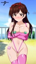 1girls absurdres bangs bare_shoulders blush breasts brown_eyes brown_hair closed_mouth embarrassed female gloves hair_ornament highres horns indexryo kanojo_okarishimasu large_breasts mizuhara_chizuru nipple_slip nipples outside pasties public solo sticker_on_body swimsuit tagme thighhighs