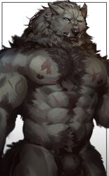 2022 abs animal_genitalia anthro balls big_muscles big_pecs black_body black_fur blaidd_(elden_ring) canid canine canis chest_tuft digital_drawing_(artwork) digital_media_(artwork) elden_ring fangs fromsoftware fur furry furry_only genitals hi_res looking_at_viewer male male_focus male_only male_solo mammal muscular muscular_male nipples nude omochi_kuitai pecs purple_eyes scar sheath simple_background solo solo_male tuft video_games wolf