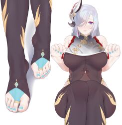 big_breasts blue_nails blue_toenails blush feet foot_fetish genshin_impact heart-shaped_pupils painted_toenails presenting_feet shenhe_(genshin_impact) silver_hair stirrup_legwear stirrup_socks summer_(artist) toe_ring toe_ring_legwear toenail_polish toes wd_(1106592840)