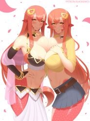 2girls areolae blacksaikou breasts clothed lamia looking_at_viewer miia's_mother_(monster_musume) miia_(monster_musume) monster_girl monster_musume_no_iru_nichijou mother_and_daughter multiple_girls serpent serpentine snake_girl watermark