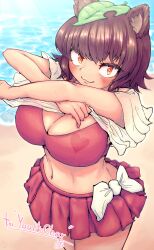 :3 animal_ears beach bikini blush breasts brown_hair cleavage enter_(artist) from_above large_breasts looking_at_viewer navel orange_eyes original outside pince-nez raccoon_ears red_bikini short_hair skirt swimsuit tagme wet