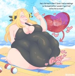 after_vore androgynous barefoot beach beesoba belly belly_button big_belly big_breasts blonde_hair blush breasts cleavage cynthia_(pokemon) digestion digestion_noises english_text female huge_belly ice_cream inside_view large_breasts long_hair pokeball pokemon pokemon_dppt post_vore purple_hair same_size_vore see-through see-through_clothing short_hair stomach_bulge sweat swimsuit tagme tongue_out towel transparent_clothing unknown_character vore x-ray